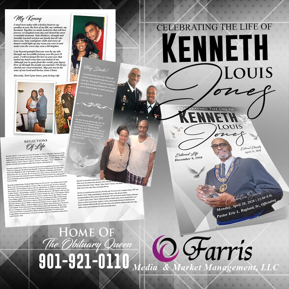 Celebrating the Life of Kenneth Louis Jones — obituary program design by Farris Media