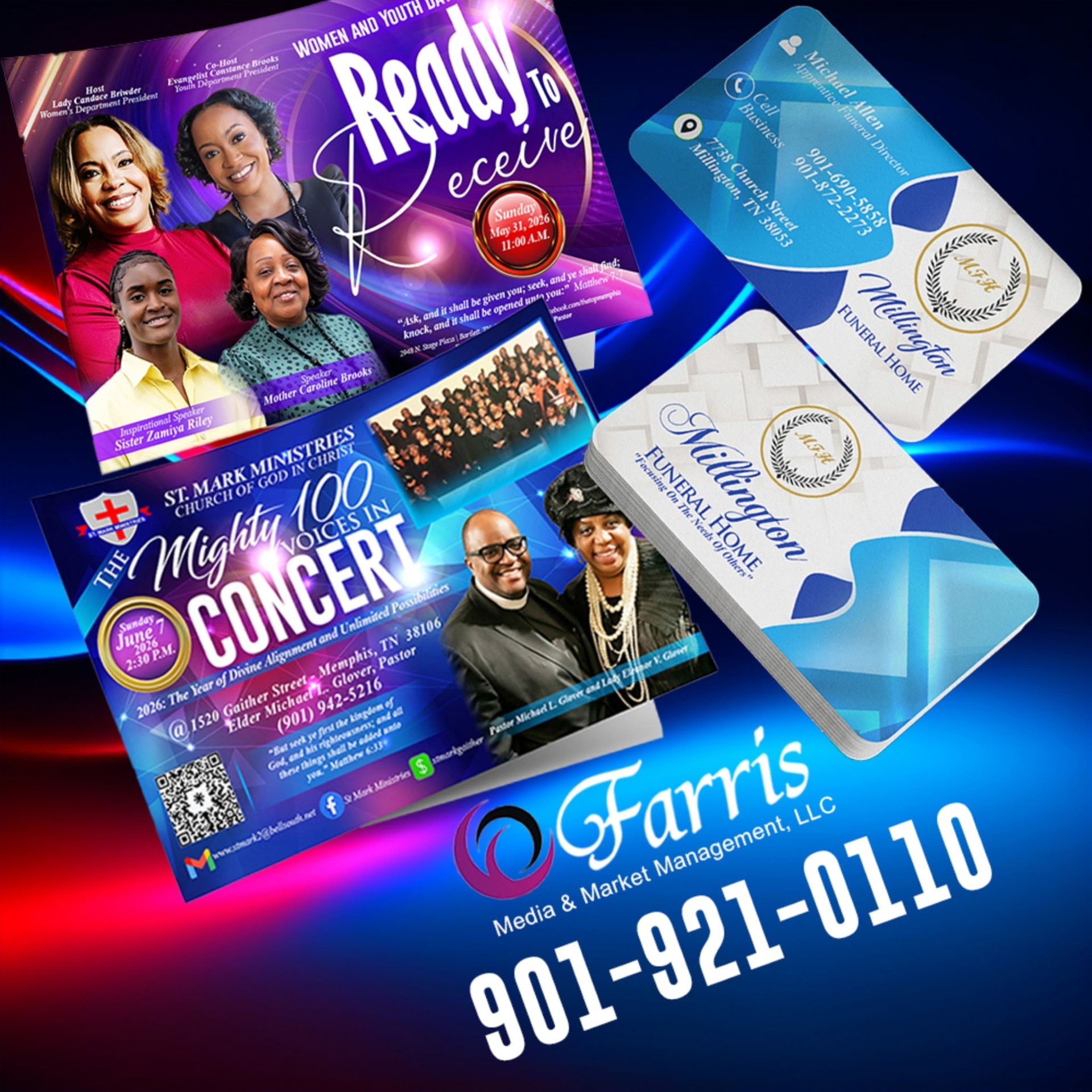 Event flyers and business cards portfolio — graphic design work by Farris Media