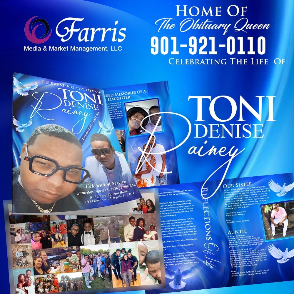 Celebrating the Life of Toni Denise Rainey — obituary program design by Farris Media