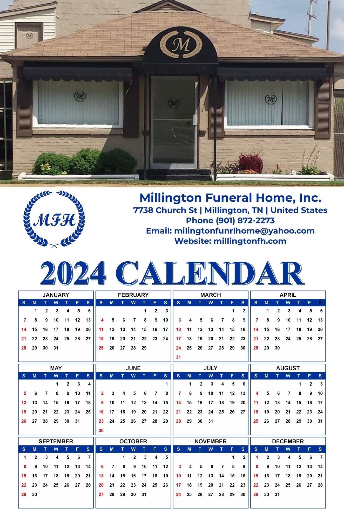 Millington Funeral Home 2024 calendar — custom business calendar printed by Farris Media