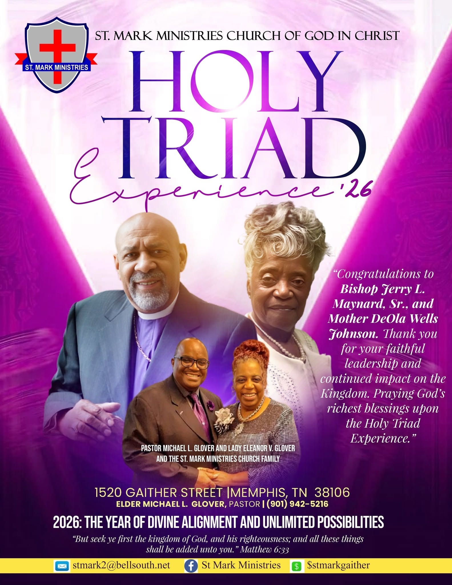 St. Mark Ministries Church Holy Triad Experience 2026 event flyer — designed by Farris Media