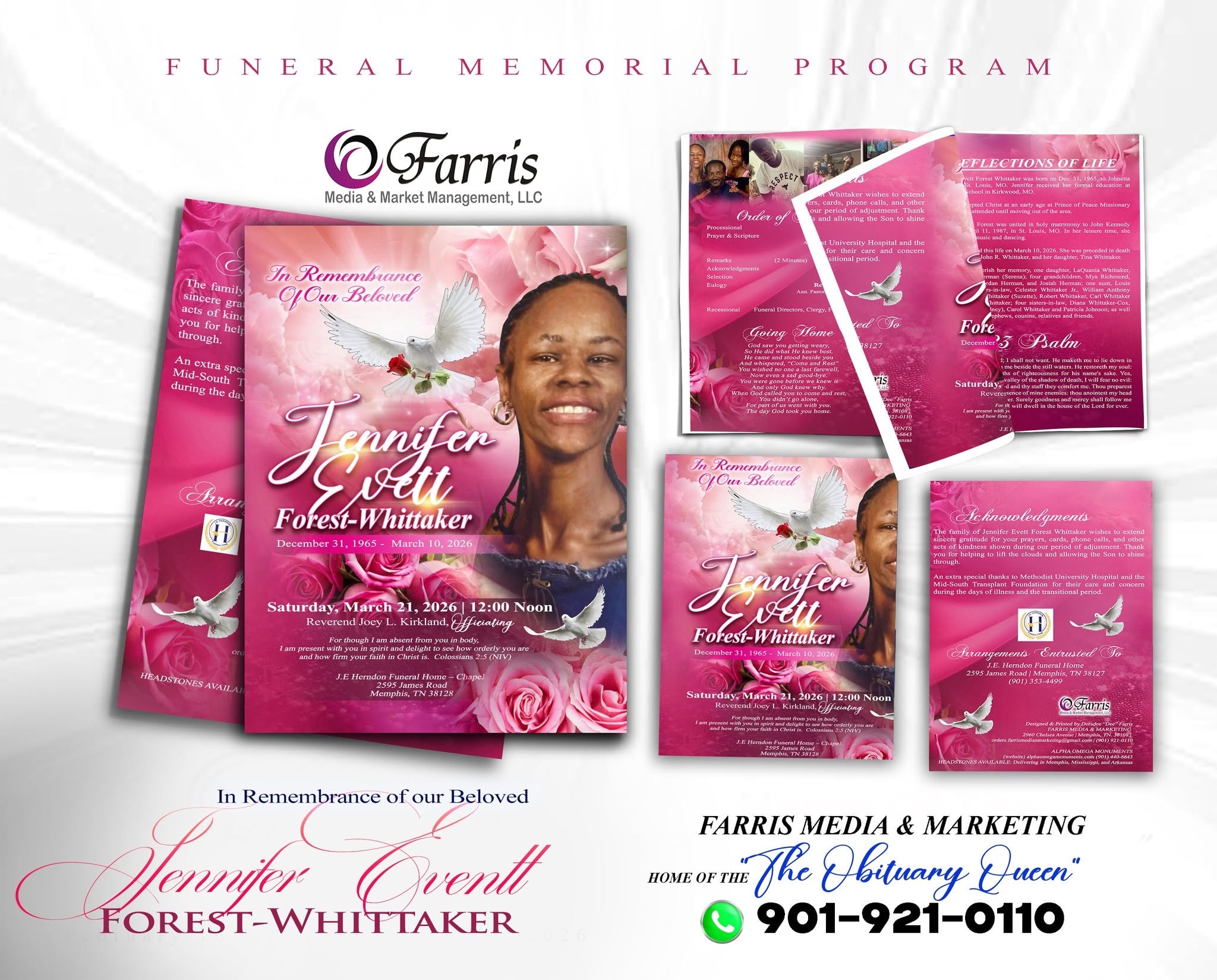 Jennifer Evett Forest-Whittaker funeral memorial program package — designed by Farris Media