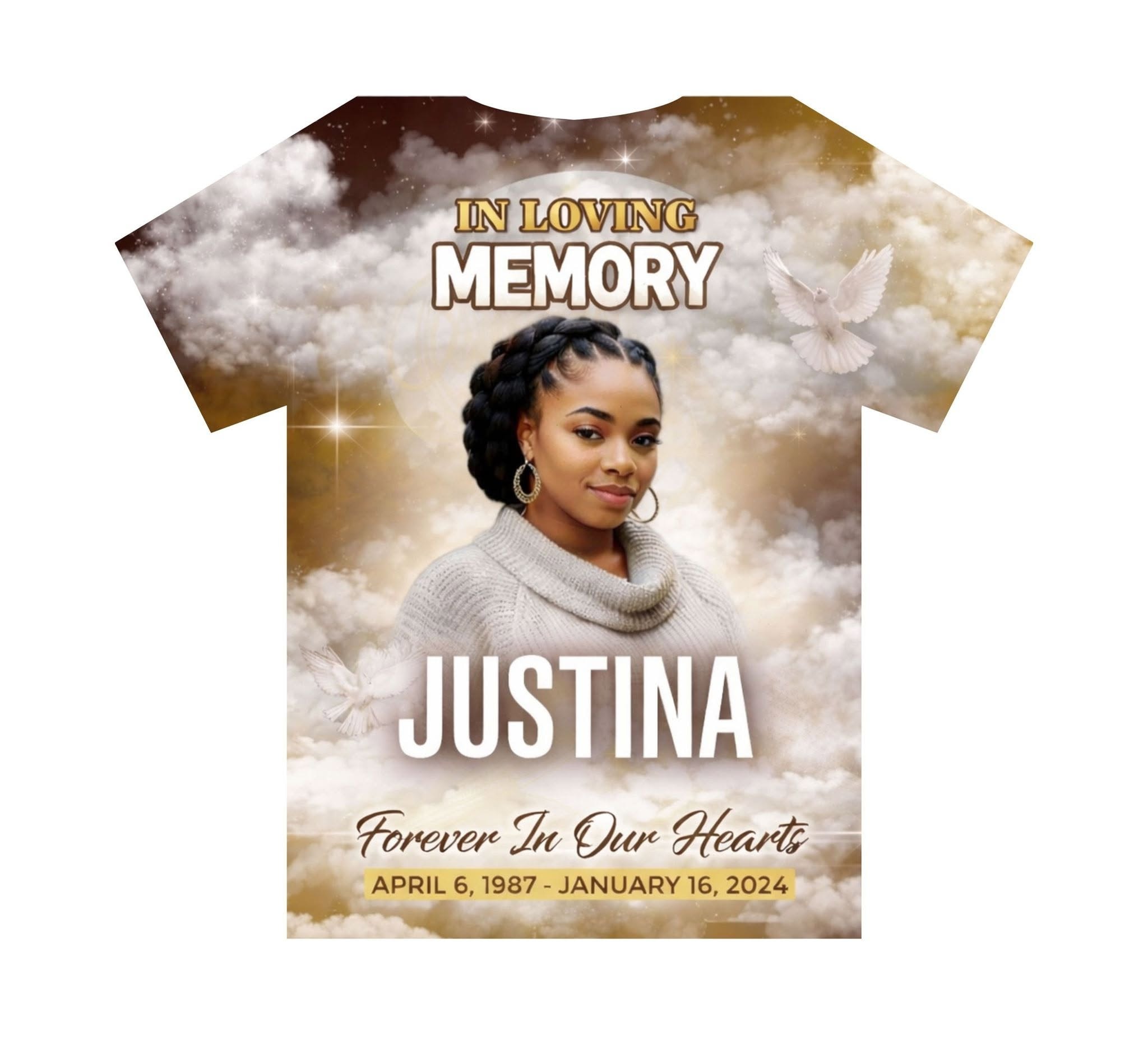 Justina — Forever In Our Hearts memorial t-shirt design — custom keepsake by Farris Media