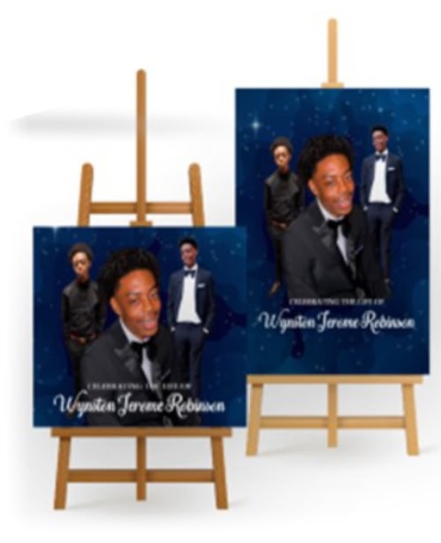 Wynston Jerome Robinson celebration of life easel display boards — custom design by Farris Media