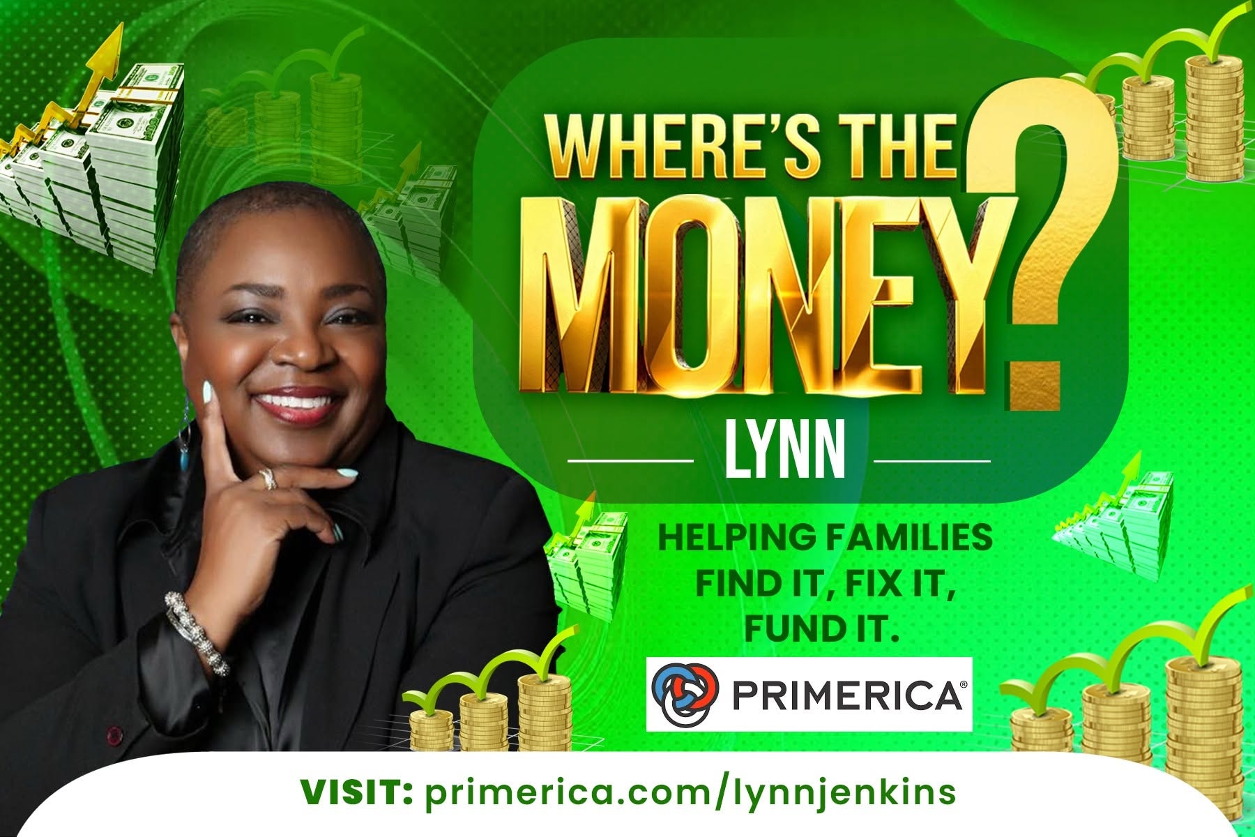 Lynn Jenkins Primerica "Where's the Money?" promotional graphic — business marketing design by Farris Media