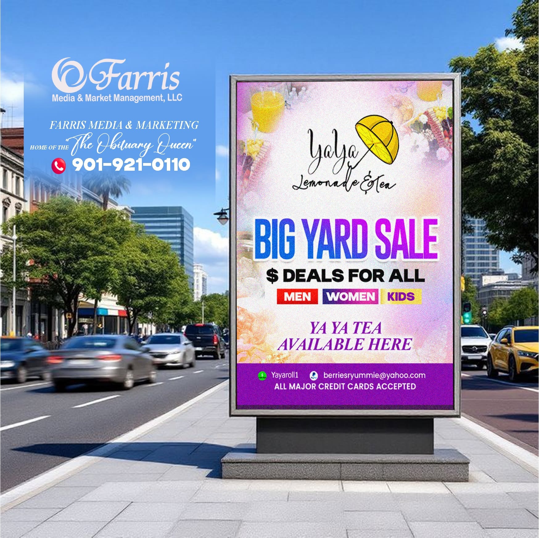 YaYa Lemonade & Tea Big Yard Sale billboard sign — outdoor advertising design by Farris Media