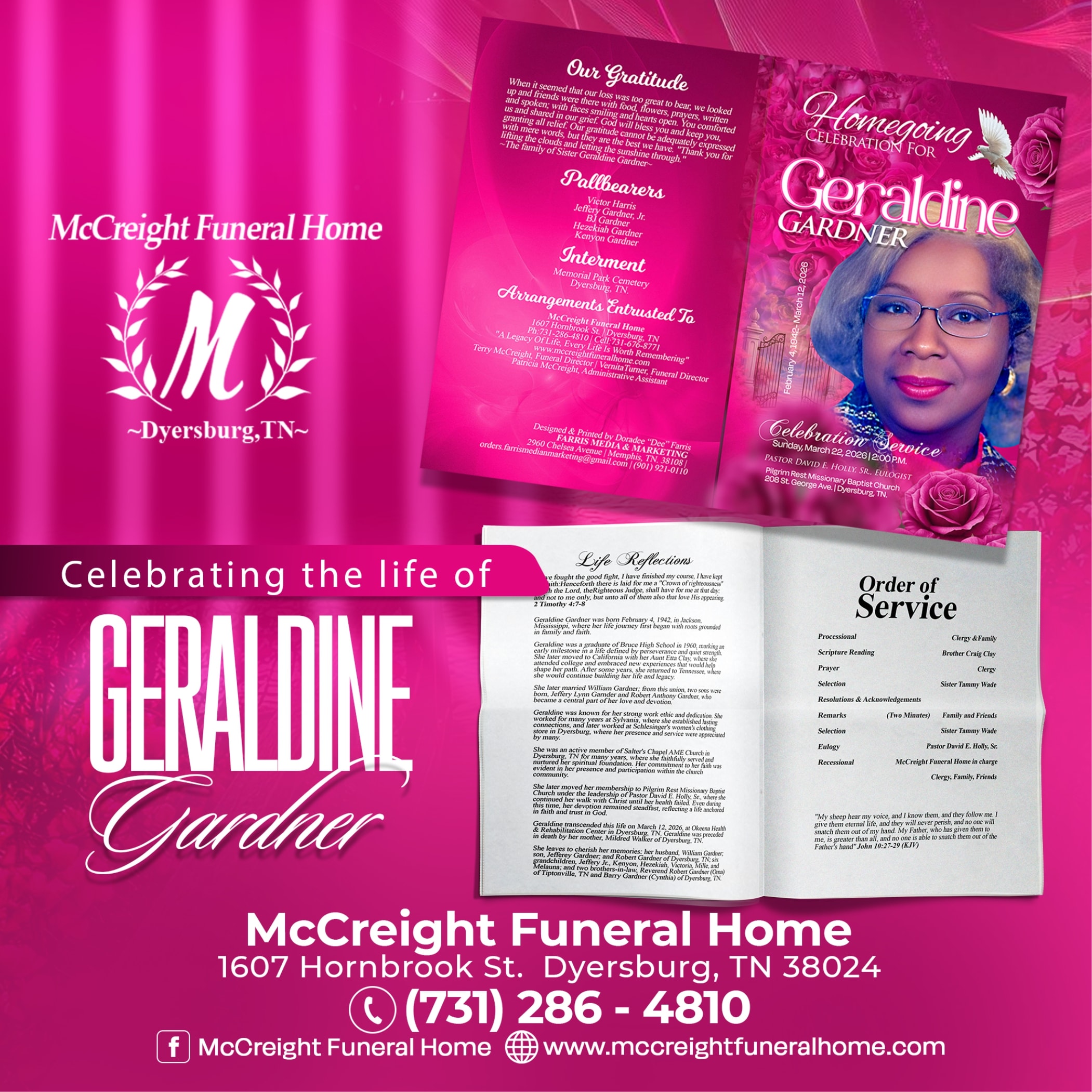 Homegoing Celebration program for Geraldine Gardner — designed and printed by Farris Media for McCreight Funeral Home, Dyersburg, TN