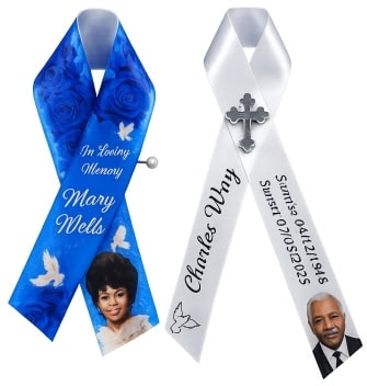 Memorial ribbons for Mary Wells and Charles Way — custom keepsakes by Farris Media