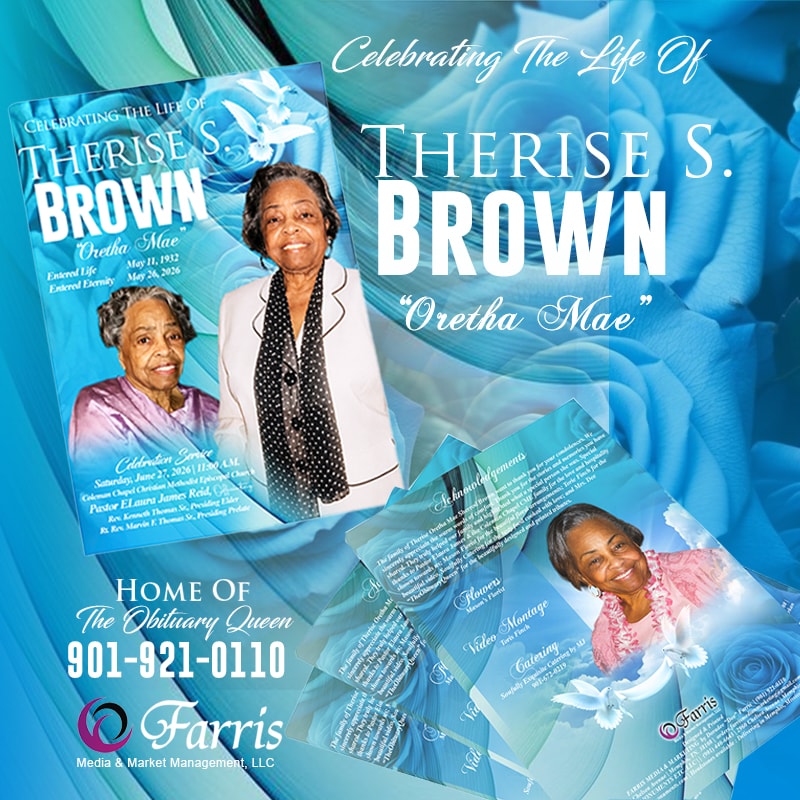 Celebrating the Life of Therise S. Brown "Oretha Mae" — memorial program and social media mockup by Farris Media