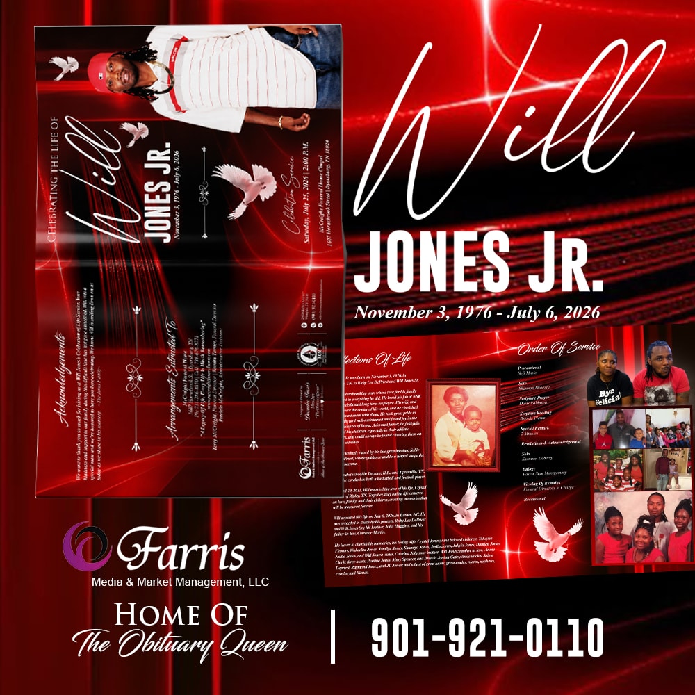 Celebrating the Life of Will Jones Jr. — obituary program designed and printed by Farris Media for McCreight Funeral Home