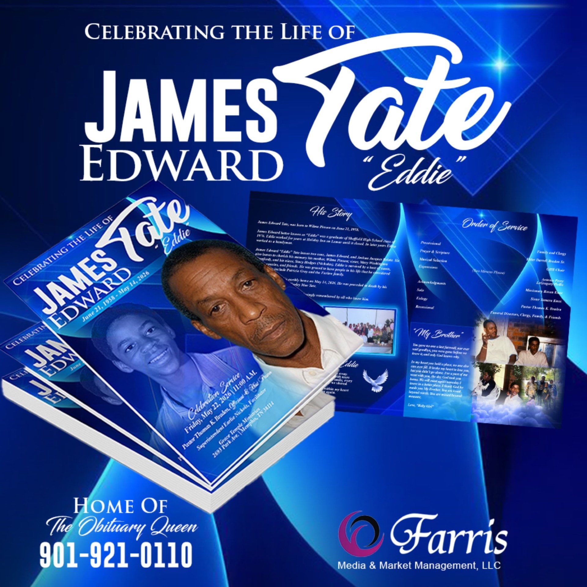 Celebrating the Life of James Edward Tate — obituary program design by Farris Media