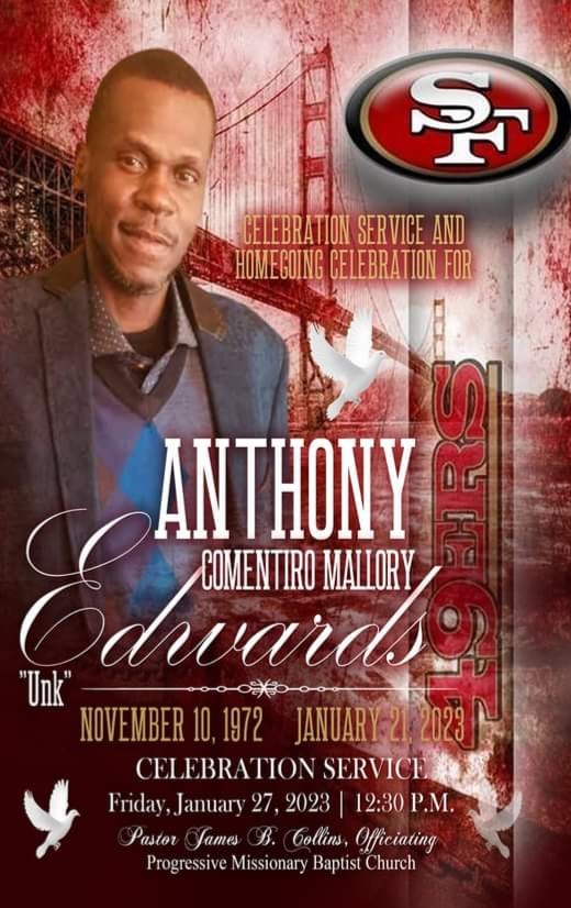 Obituary program cover — Anthony Comentiro Mallory Edwards "Unk", November 10, 1972 – January 21, 2023