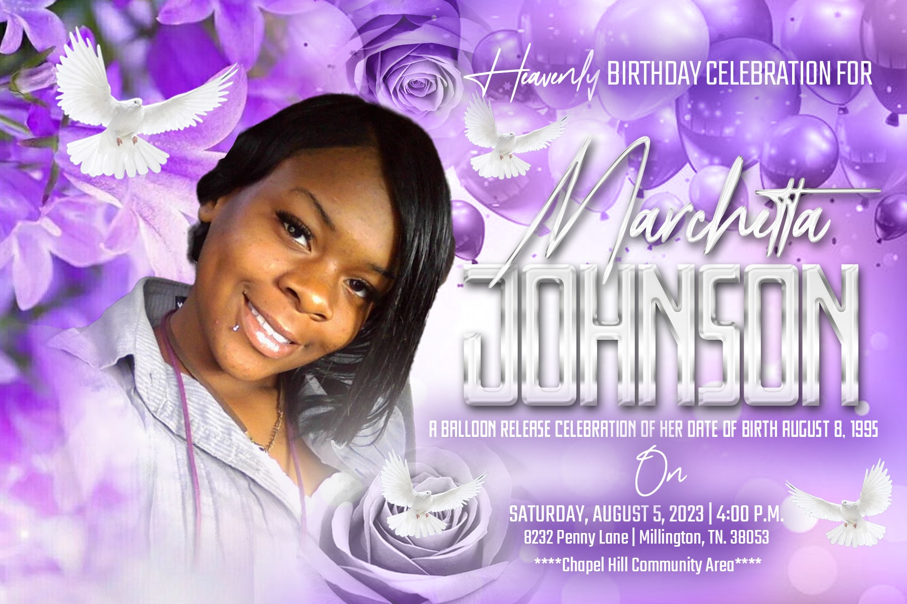 Obituary program cover — Marchetta Johnson, heavenly birthday celebration, August 8, 1995