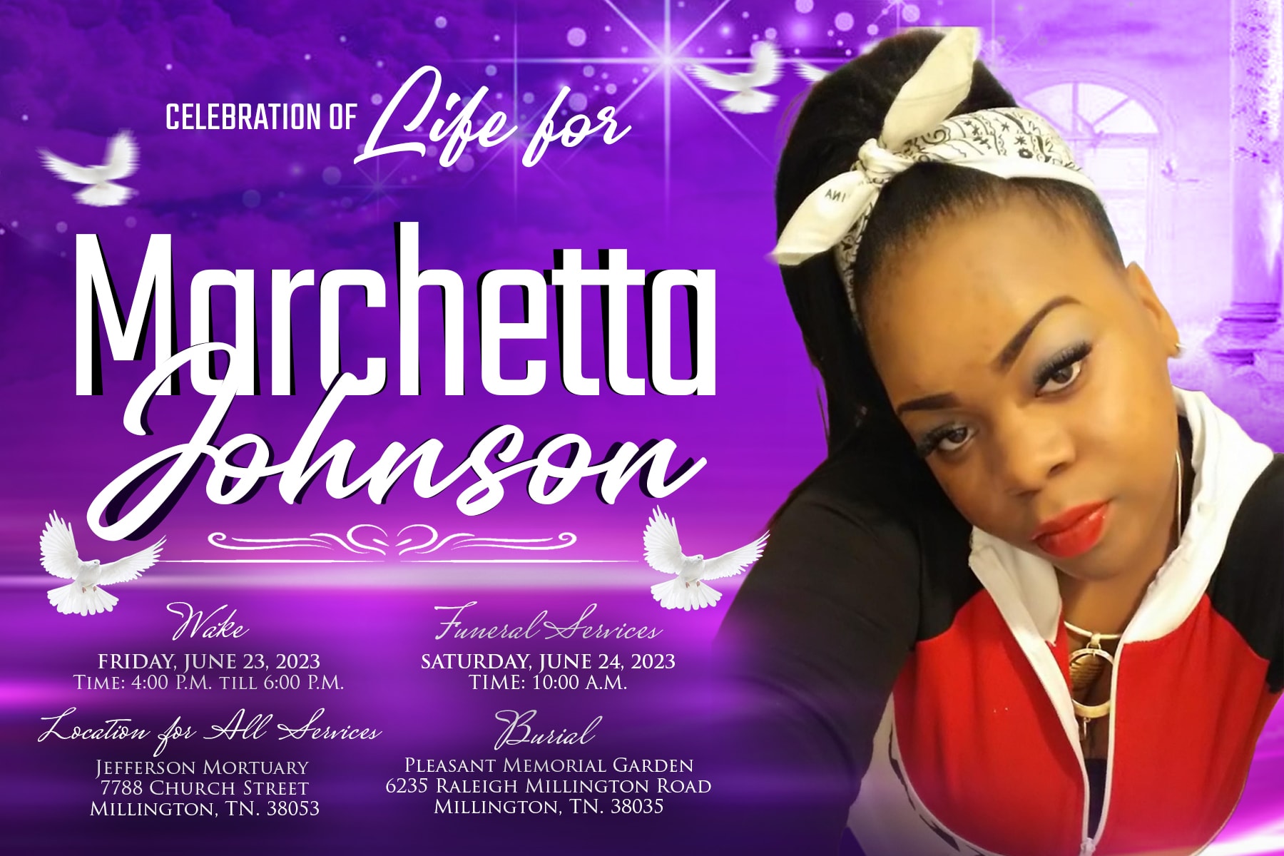 Obituary program cover — Celebration of Life for Marchetta Johnson, wake Friday June 23, 2023, funeral Saturday June 24, 2023, Jefferson Mortuary, Millington TN
