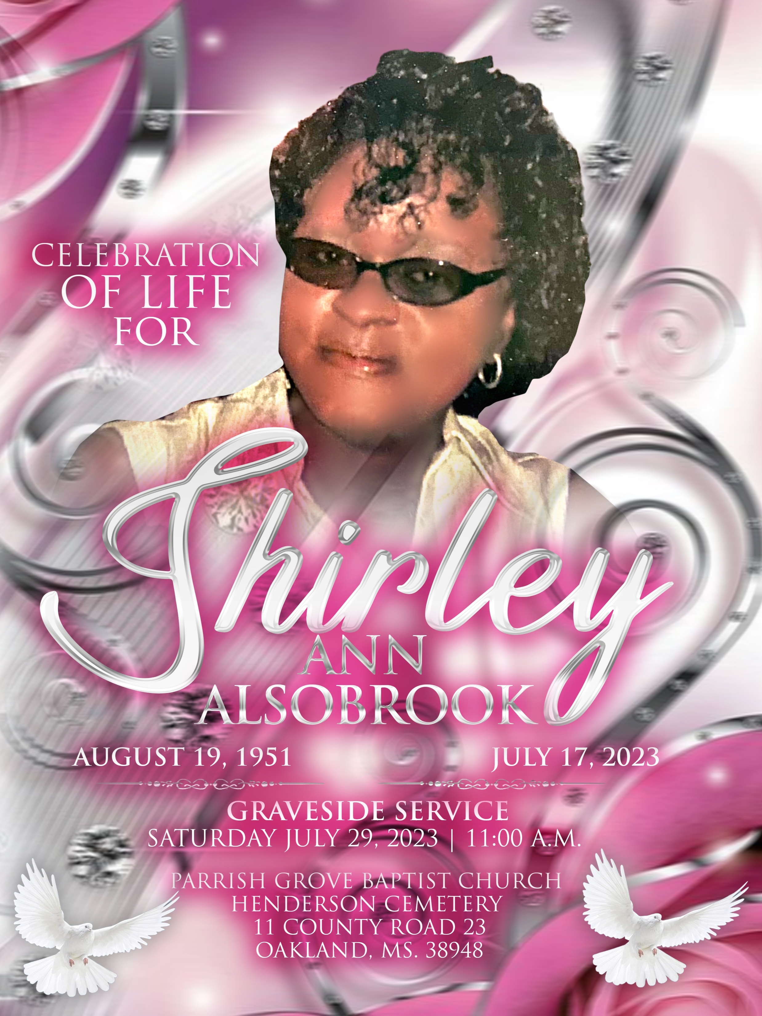 Obituary program cover — Shirley Ann Alsobrook, August 19, 1951 – July 17, 2023