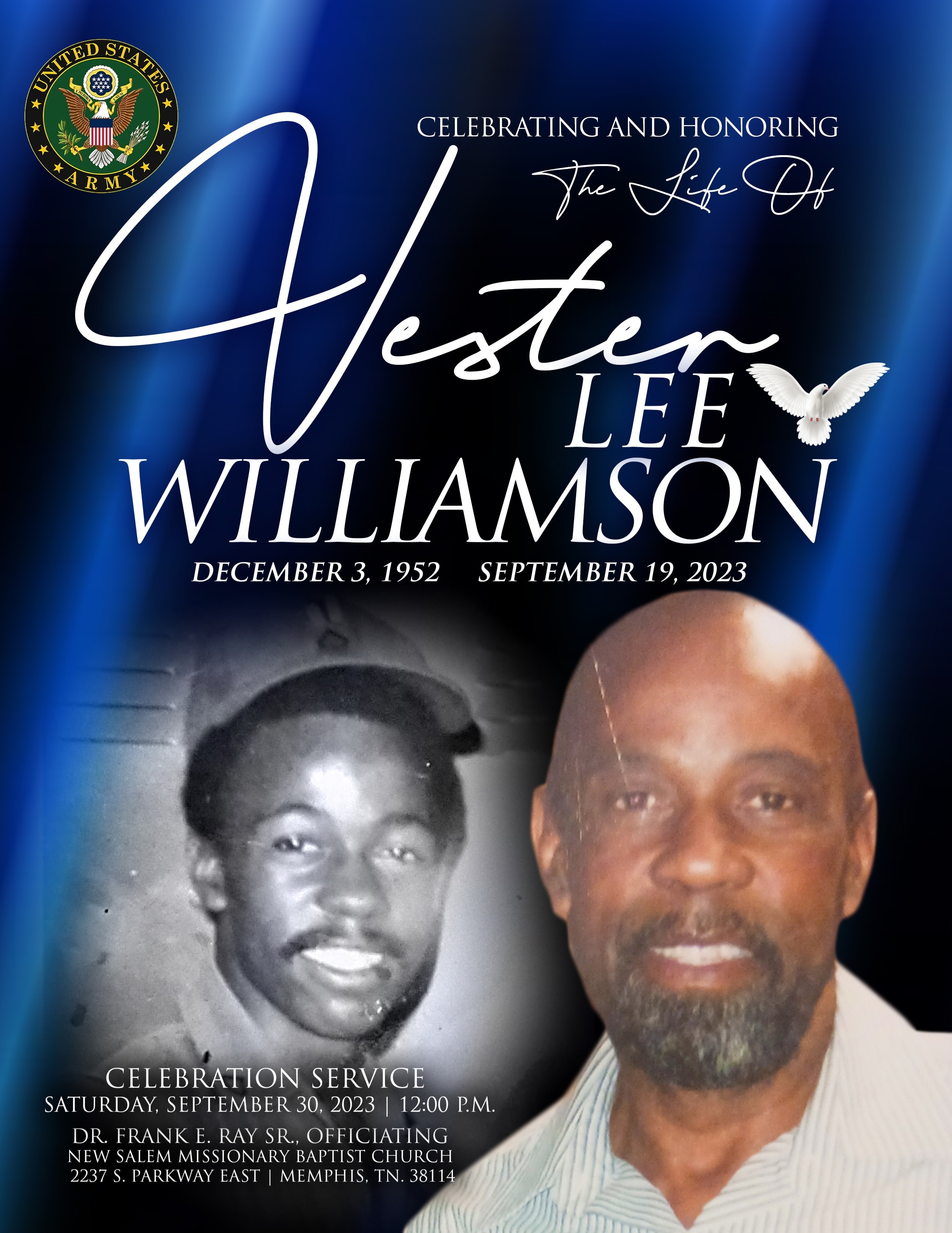 Obituary program cover — Vester Lee Williamson, December 3, 1952 – September 19, 2023, celebration service Saturday September 30, 2023, New Salem Missionary Baptist Church, Memphis TN